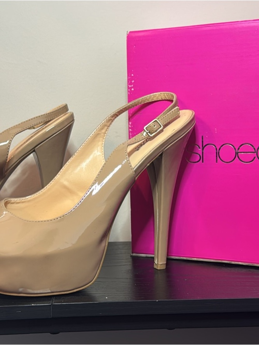 Nude Patent Slingback Platform Heels